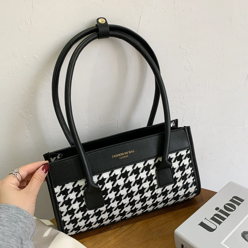 

Fashion Handbag Totes Women PU Leather Houndstooth Splicing Travel Shoulder Underarm Bag All-match Portable Top-handle Bags