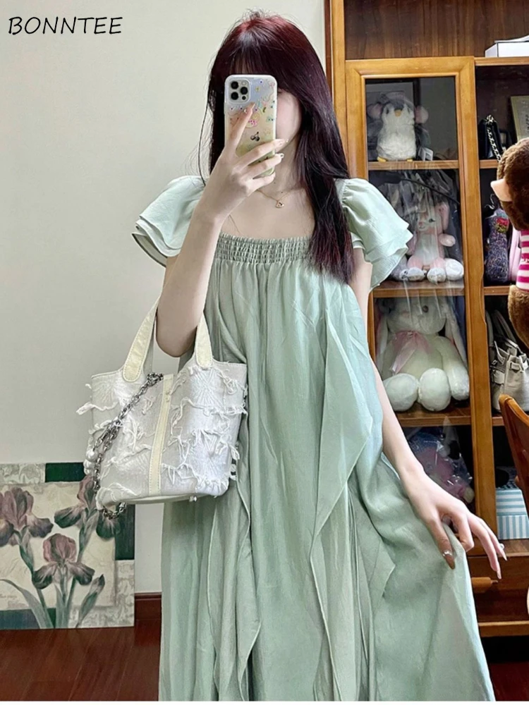 

Dresses Women French Style Loose Vacation Solid Temperament Midi Causal Fairycore Ruffles Sweet Summer Ladies Age-reducing Chic
