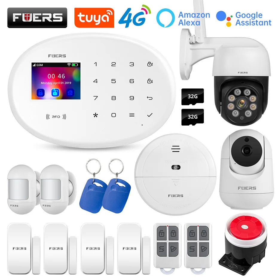 FUERS W204 4G GSM WIFI Tuya Smart Home Alarm System Kit Wireless Alarm Security System IP Camera Control Autodial 8 Languages