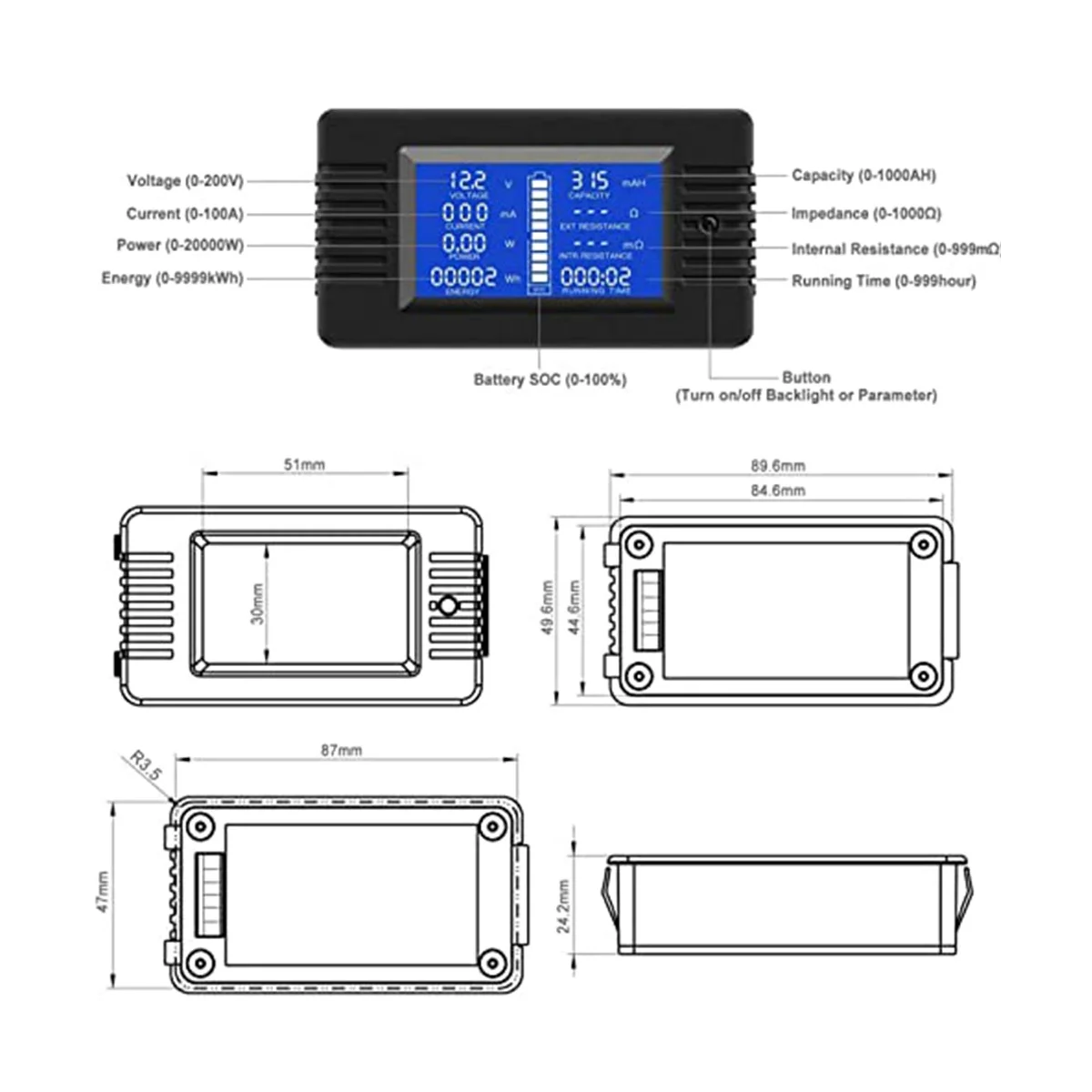 Измеритель мощности аккумулятора постоянного тока цифровой амперметр 0-200 в шунт