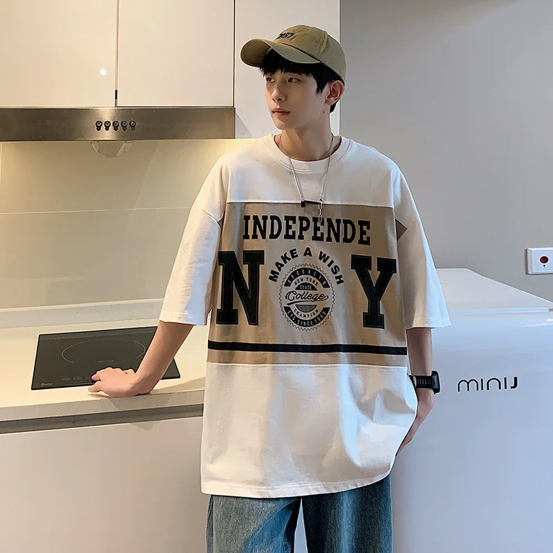 

Men's T-shirt heavy cotton loose five-quarter sleeve undershirt student men clothing t shirts