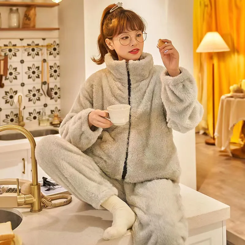 Women Winter Flannel Pajama Set Thick Warm Plus Size 2 Piece/Set Pyjamas Coral Fleece Long Sleeve Trousers Home Clothing Female