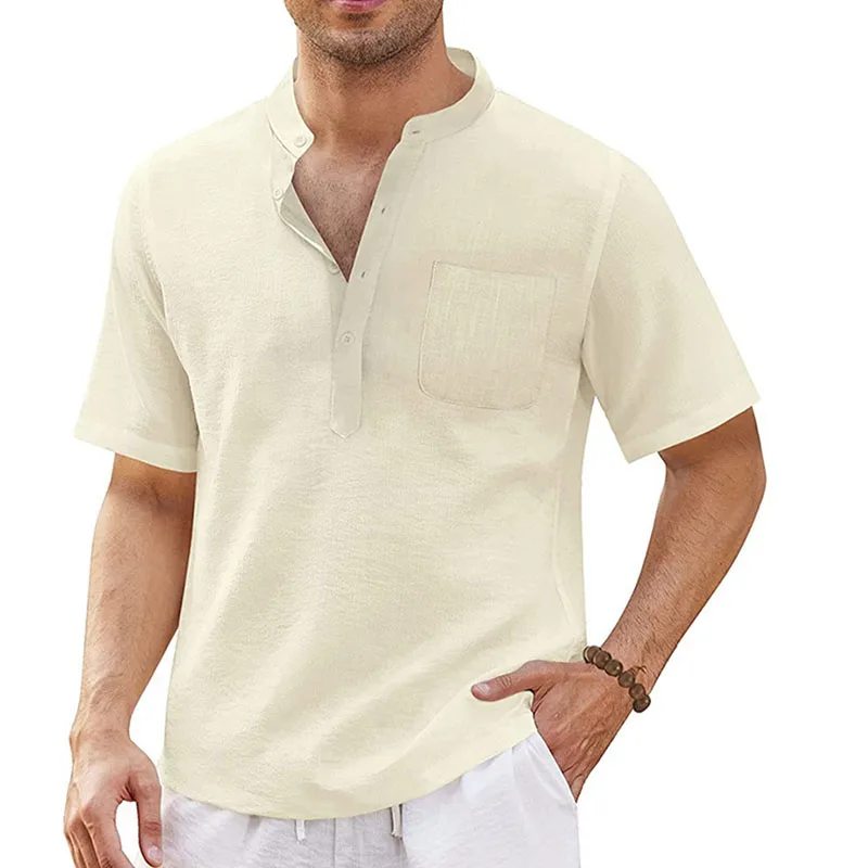Linen shirt men Short Sleeve Solid Color Breathable Stand-Up Collar summer Casual shirts male Beach Style blouse Hot Sale
