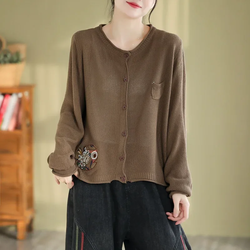 Винтажный кардиган с круглым вырезом и этнической вышивкой женский свободный