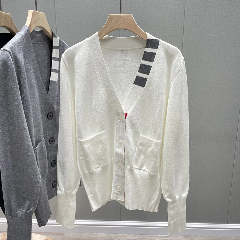 

TB knitted sweater cardigan female British style college V-neck gray autumn and winter small outer wear sweater top