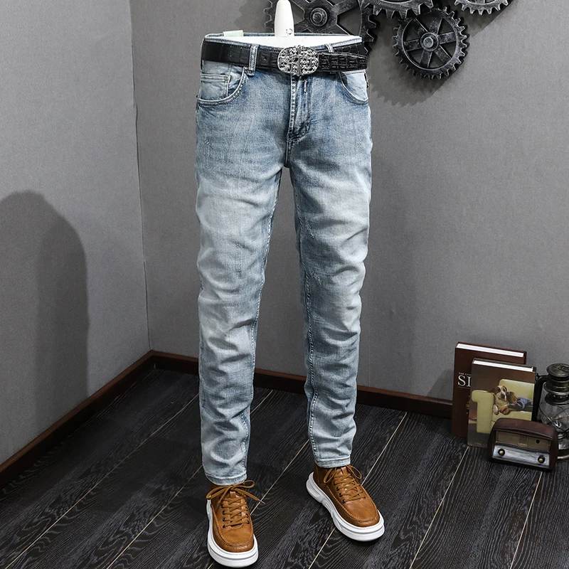 Fashion Designer Men Jeans Retro Light Blue Elastic Stretch Slim Fit Ripped Jeans Men Casual Trousers Vintage Denim Pants Hombre