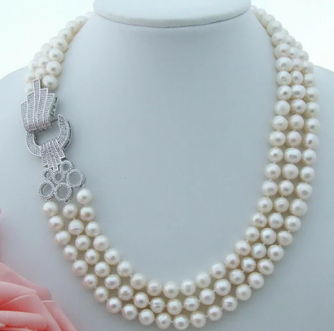 

8-9MM 3 Strands White Pearl Necklace CZ Clasp