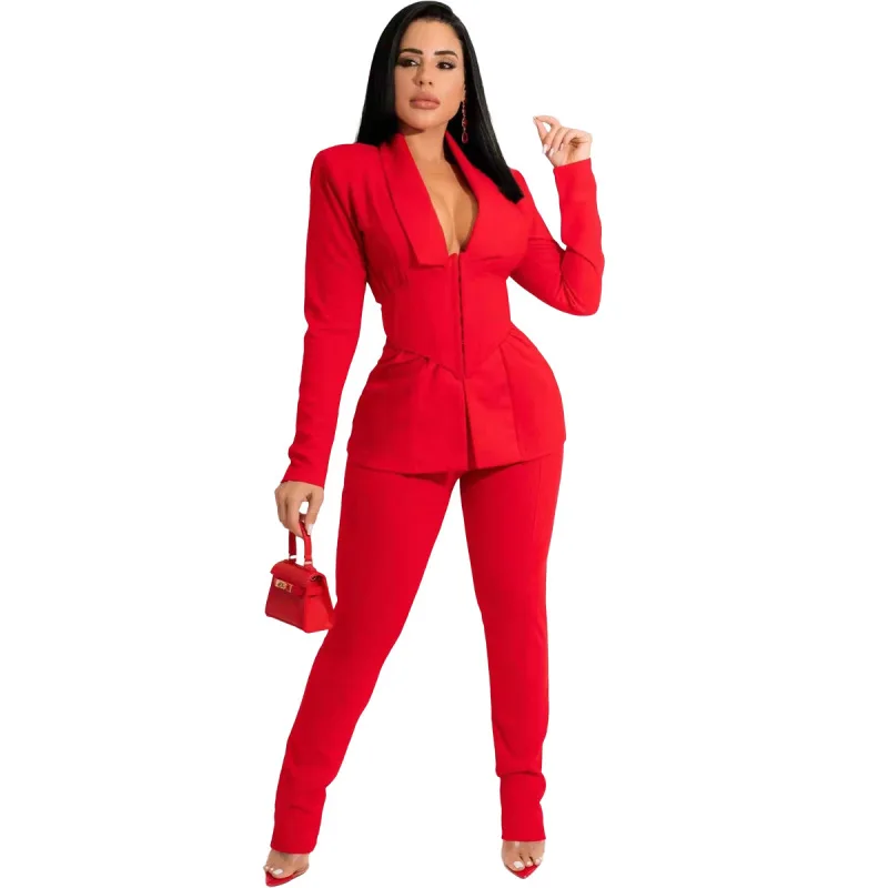 

Женский комплект из 2 предметов, белый Повседневный блейзер с длинным рукавом и двойными пуговицами, элегантный деловой костюм для женщин