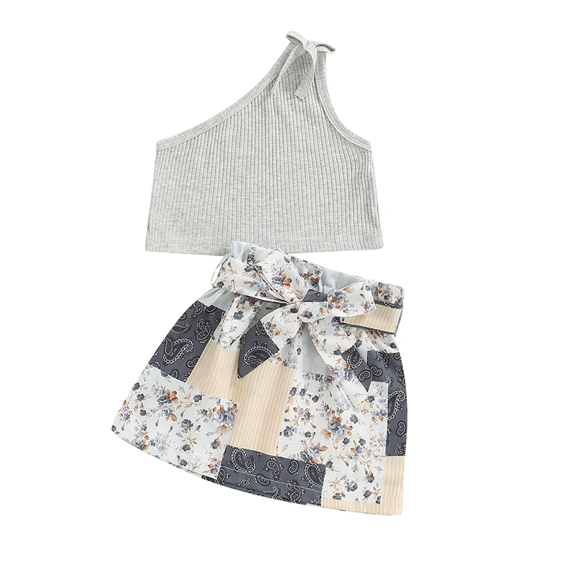 

Summer Baby Girl Skirt Outfit One Shoulder Sleeveless Tops and Floral Print Patchwork Casual Mini Skirt with Belt Clothing Set