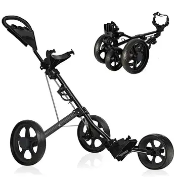 Foldable 3 Wheel Golf Pull Push Cart Trolley Scorecard Cup Holder Foot Foldable Brake Pull Cart Golf Trolley Cart Bag Carrier 1