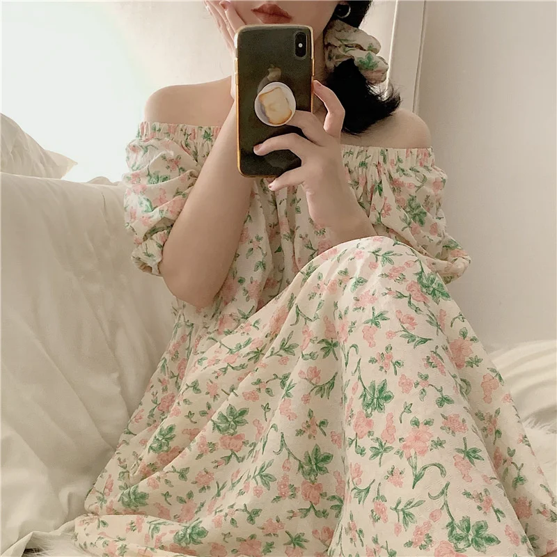 

Lisacmvpnel Summer New Cotton Lovely Nightdress Small Fragmentary Off Shoulder One Line Collar Sleepwear