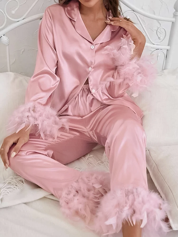 Restve Feathers Sleepwear Female 2 Piece Set Long Sleeve Turn Down Collar Tops Satin Casual Women Sets With Pants Autumn 2022