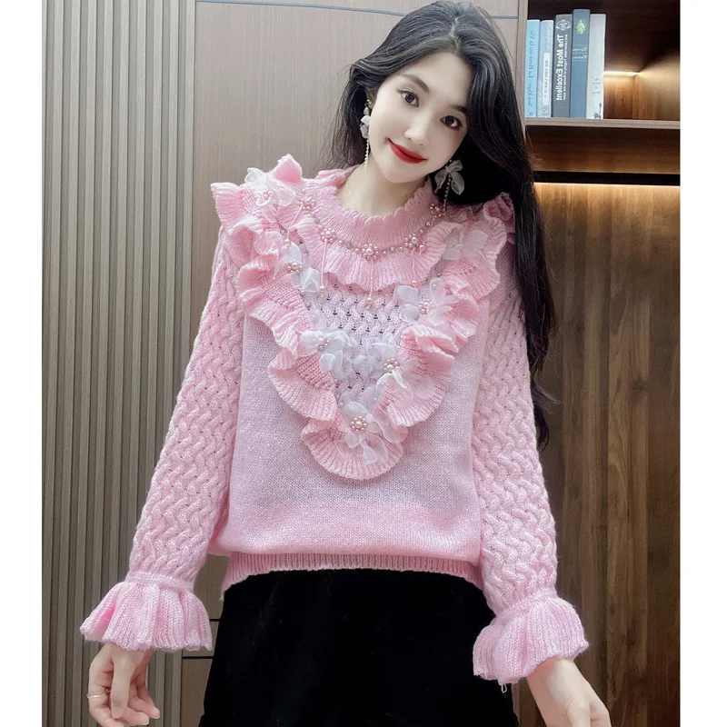 

Autumn and winter new solid color lazy style knitwear top lace heavy work inlaid diamond large loose Korean version net red