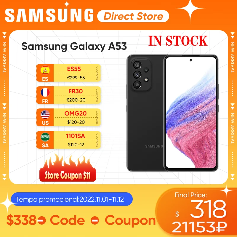 Tanie Oryginalny Samsung Galaxy A53 5G Smartphone Exynos 1280 Super AMOLED 120Hz 5000mAh Telefon 25W Szybkie ładowanie Android 12 Telefon Komórkowy