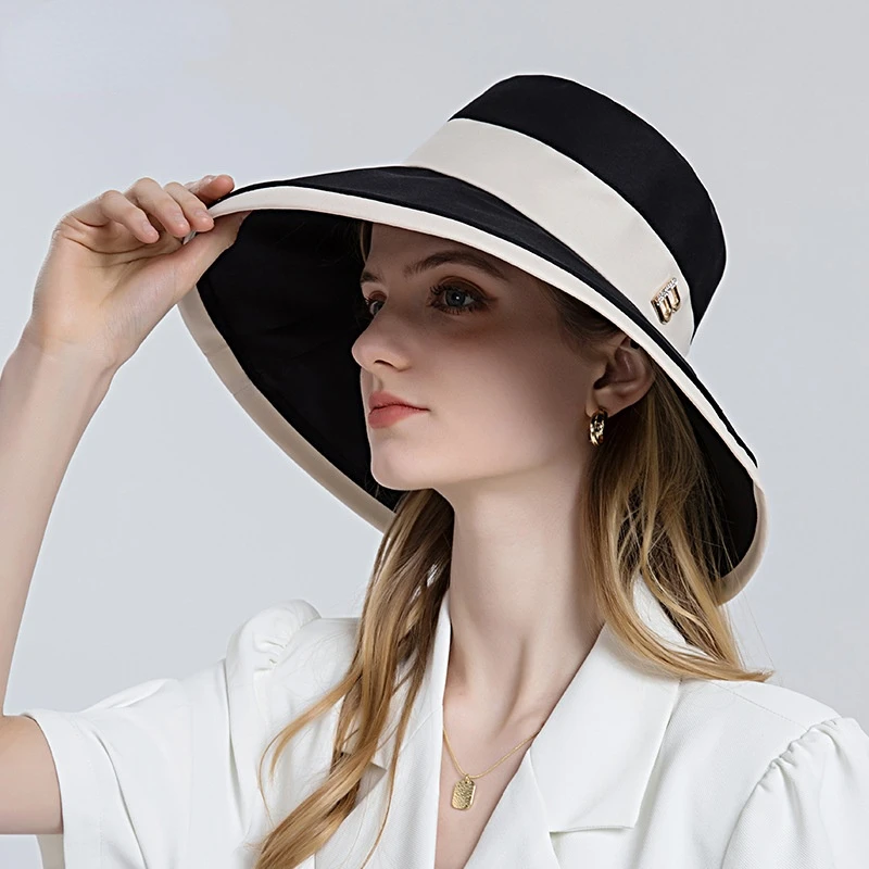 

Women's Hat Foldable Big Brim Bucket Hat Metal Summer Sun Hat Contrast Beach Hat Portable and Foldable Big Brim Fisherman Hat