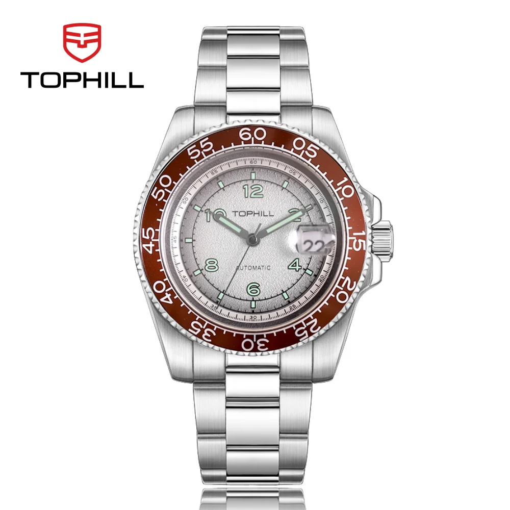 Фото Мужские механические часы TOPHILL 40 мм, механизм Nanning 2813, циферблат с текстурой огня, водонепроницаемость 3ATM, люминесцентные стрелки C3, Relógios Masculino TD006G.C №1