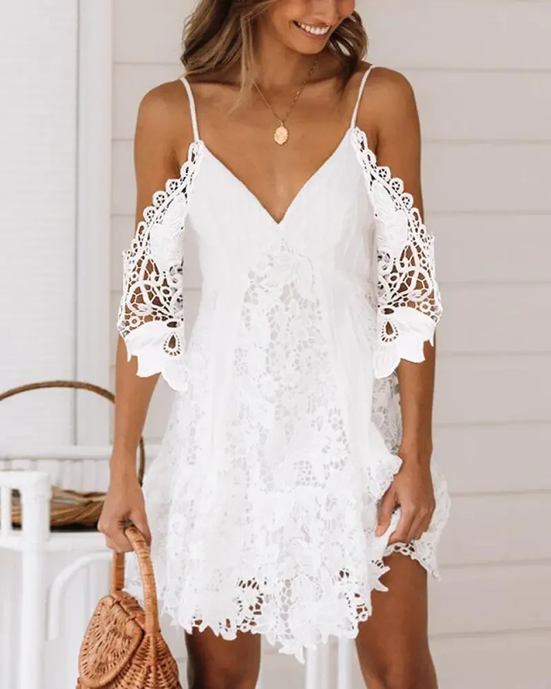 

Summer Woman Chic Plain Cold Shoulder Embellished Lace Sexy Mini Dress