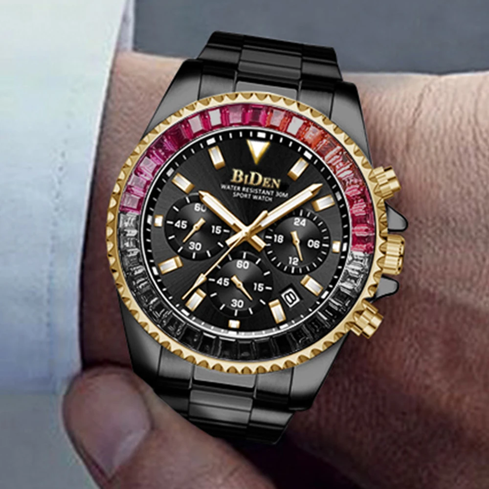 

Automatic Date Mens Watches Business Style Full Stainless Steel Chronograph Quartz Wristwatch Luminous Luxury AAA Diamonds Clock
