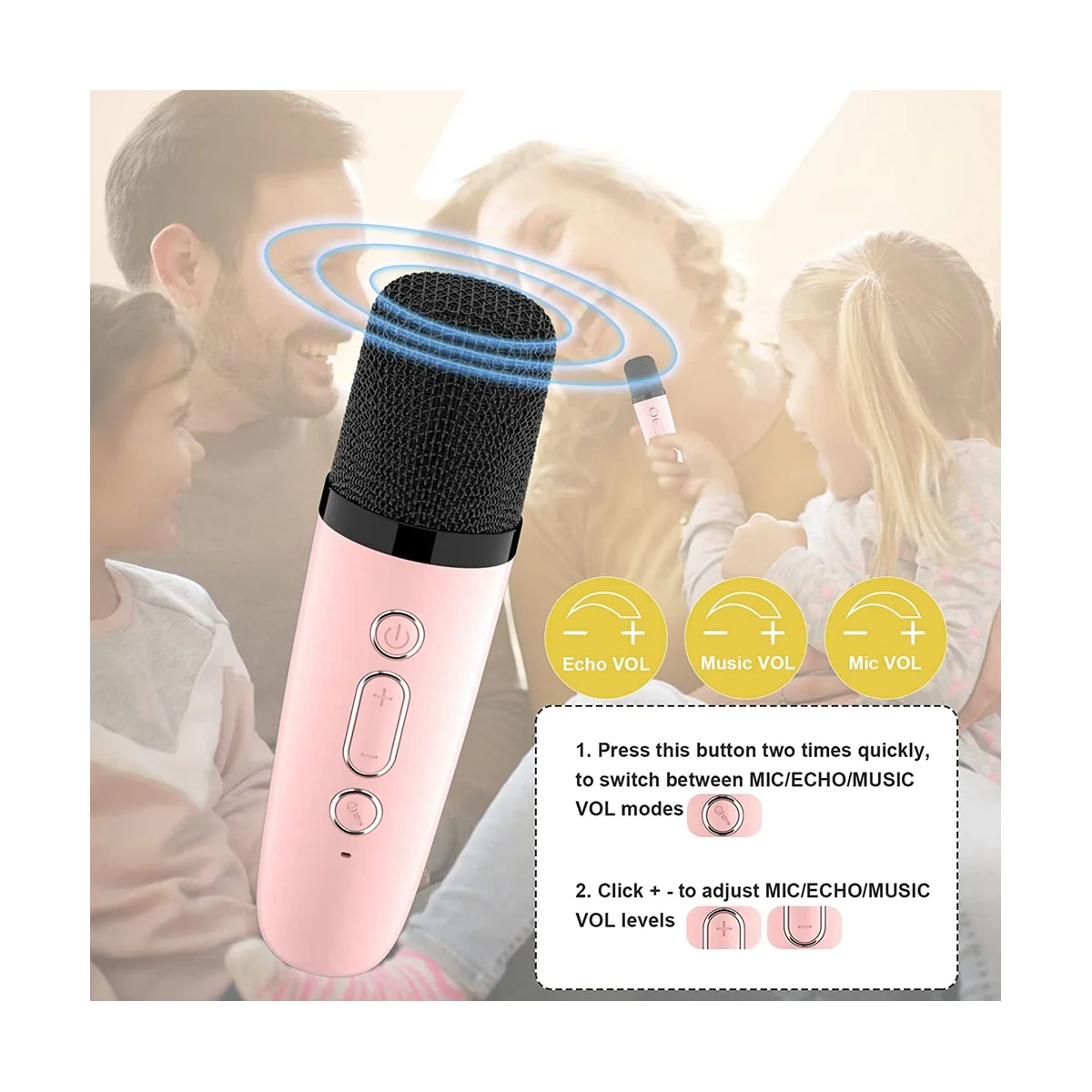 

Mini Karaoke Machine with 2 Wireless Microphones for Kids Adults, 18 Pre-Loaded Songs, Portable Bluetooth, Pink