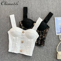 fashion retro lace stitching chest pad camisloe ladies 2022 new summer fastener decoration short top for female
