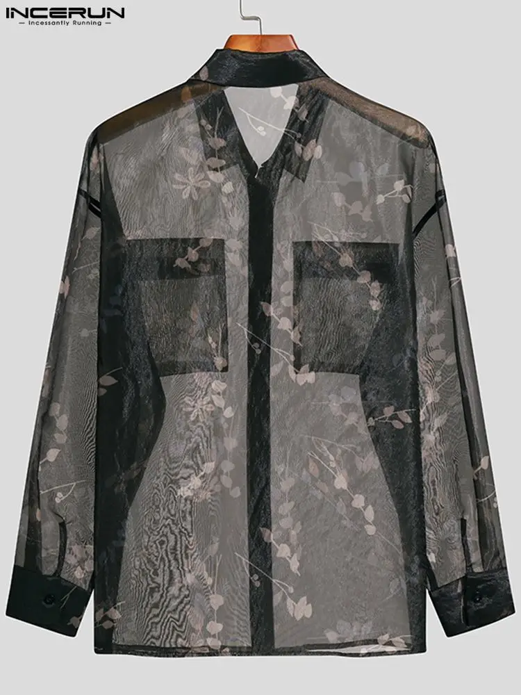 Handsome Well Fitting New Men See-through Mesh Printing Blouse Fashionable Male Long-sleeved Thin Shirts S-5XL INCERUN Tops 2022