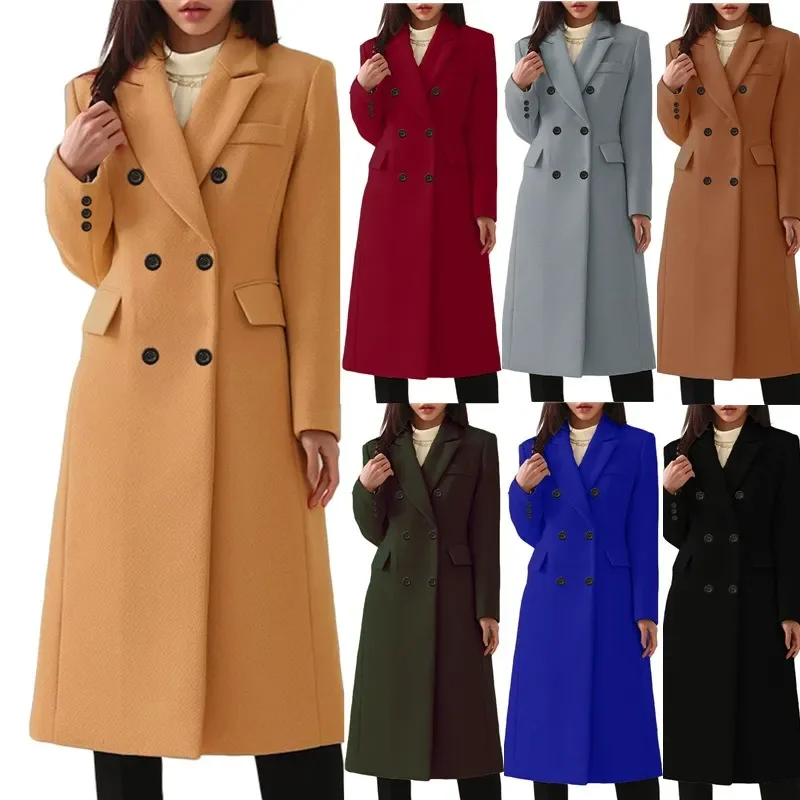 

Осенне-зимнее теплое большое пальто, Женский винтажный кардиган, двубортное шерстяное пальто, Женское шерстяное пальто с длинным рукавом и отложным воротником