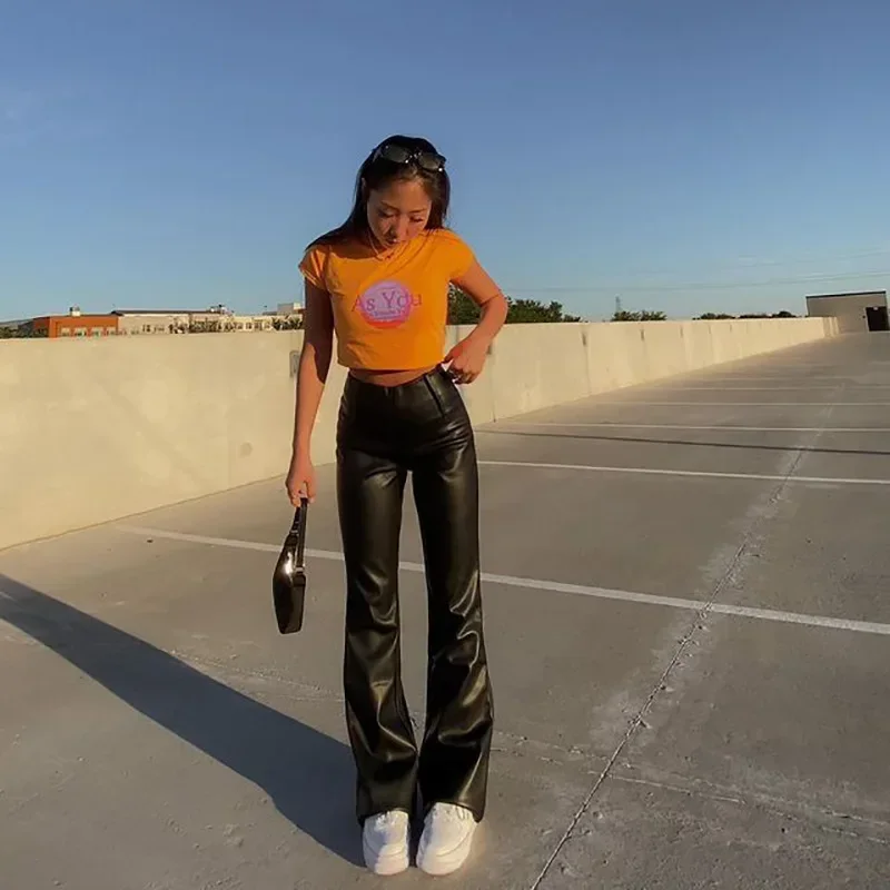 wiosenny w stylu vintage ze skóry PU расклешенные брюки женские тонкие трендовые брюки-клеш