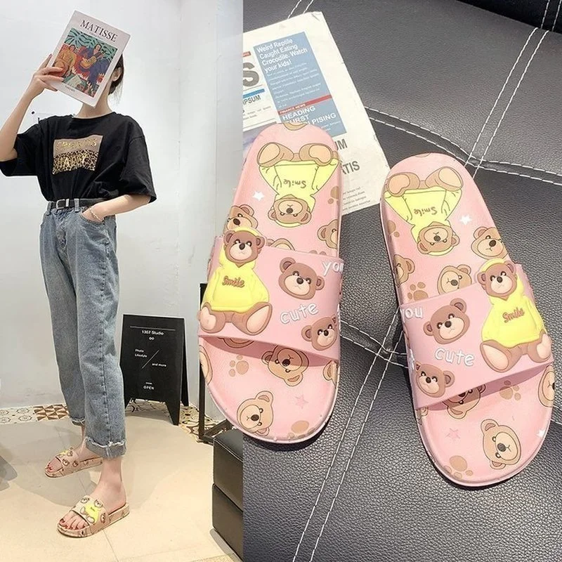 

Comfortable Woman Sandals Women's Home Indoor House Cartoon Bear Cute Bathroom Slippers Flat Shoes Female Summer Flip Flop Beach