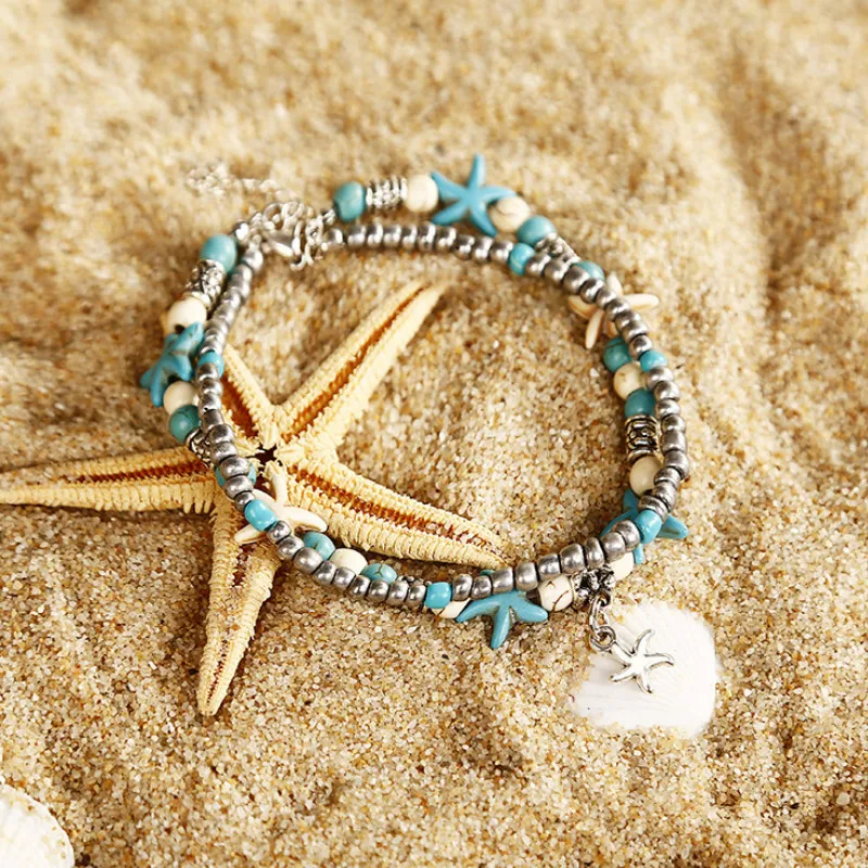 

2021 New Starfish Beads Multilayer Anklets Women Fashion Barefoot Chain Jewelry