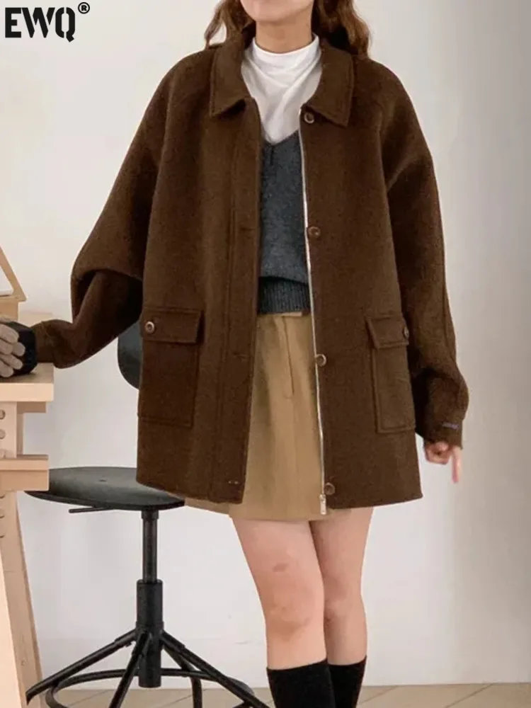 

[EWQ] Lapel Single Breasted Pocket Long Sleeve Black Gray Brown Women's Clothes Cardigan Coat Jackets 2023 Autumn Winter 16U5958
