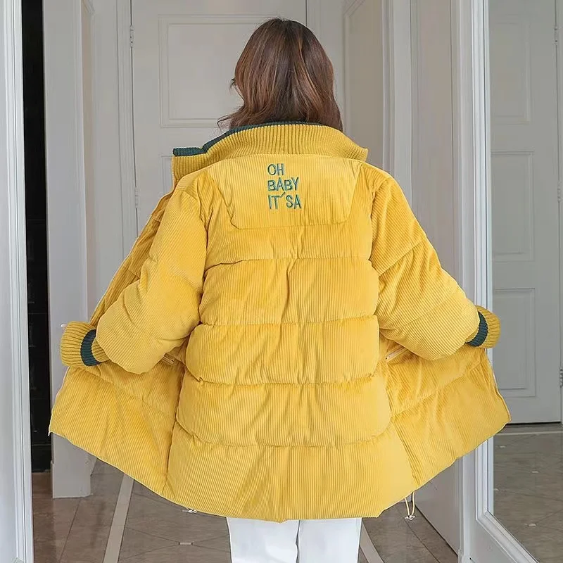 Korean Loose 2022 Winter Woman Jacket Corduroy Cotton Padded Coat Lady Parka Loose Student Bread Clothing thickened Outerwear