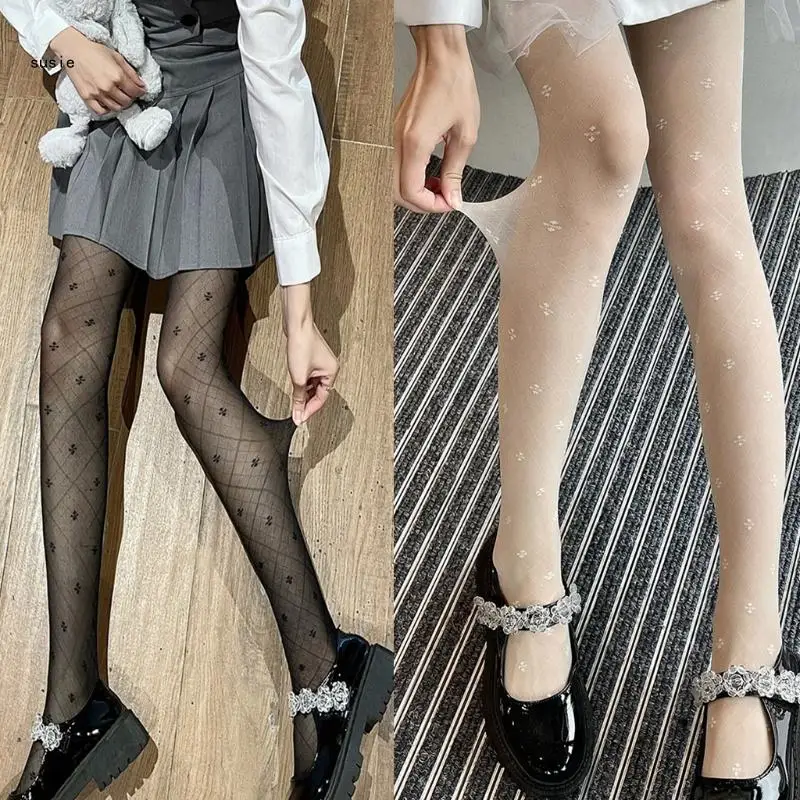 

X7YA Women Sexy Transparent Pantyhose Diamond Plaid Four-Leaf Clover Pattern Jacquard Sheer Tights Stockings Lingerie