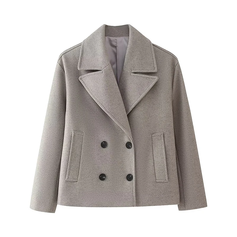 Женское двубортное пальто с длинным рукавом и воротником лацканами