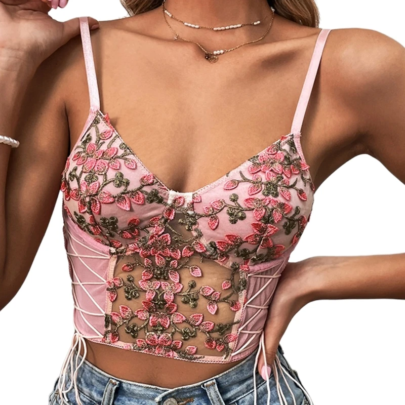 

Женский топ с цветочной вышивкой, укороченный топ на шнуровке с V-образным вырезом, майка T8NB