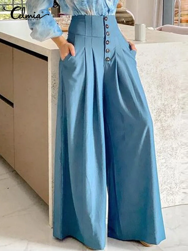 

Celmia Women Wide Leg Pants With Pockets Elegant High Waist Buttons Pleated Pantalones Casual Loose Back Elastic Long Trousers