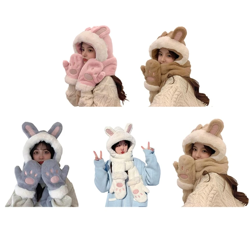 

Fashion Teenager Cartoon Plush 3in1 Hats Gloves Scarf Suits Women Winter Outdoor Warm Hat Students Windproof Supplies T8NB