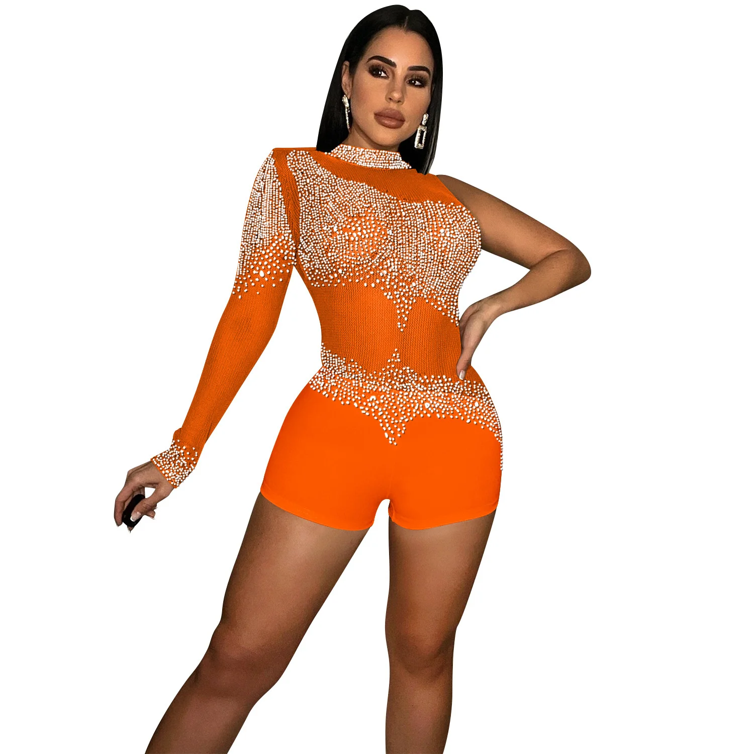 Zoctuo Overalls For Women Female Bodysuit Romper One Piece Pants Playsuit Diamonds Crystal Tight Nightclub Off Sleeve Sheer Mesh