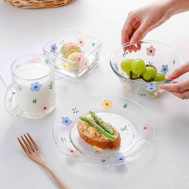 

Cute Flower Glass Cup Tableware Flower And Grass Pattern Quality Glass Mug Square Salad Bowl Round Plate Home Kitchen Dinnerware