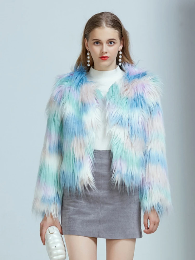 Fashion Blue Ice Cream Macaron Color Faux Fur Coats Women 2022 Winter Warm Plush Cardigan Ladies Office Outwear Fluffy Jackets