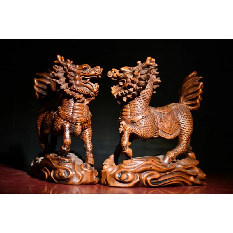

3.9" Chinese Box-Wood Hand Carving Duad Auspicious Beast Kylin Unicorn Staue