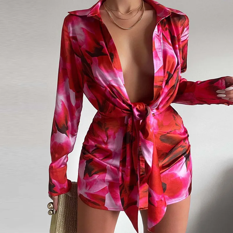 

women shirt dress luxury Floral Print Long Sleeve Deep V Neck Waist Tie-Up Turn-down Collar Pleated Dress