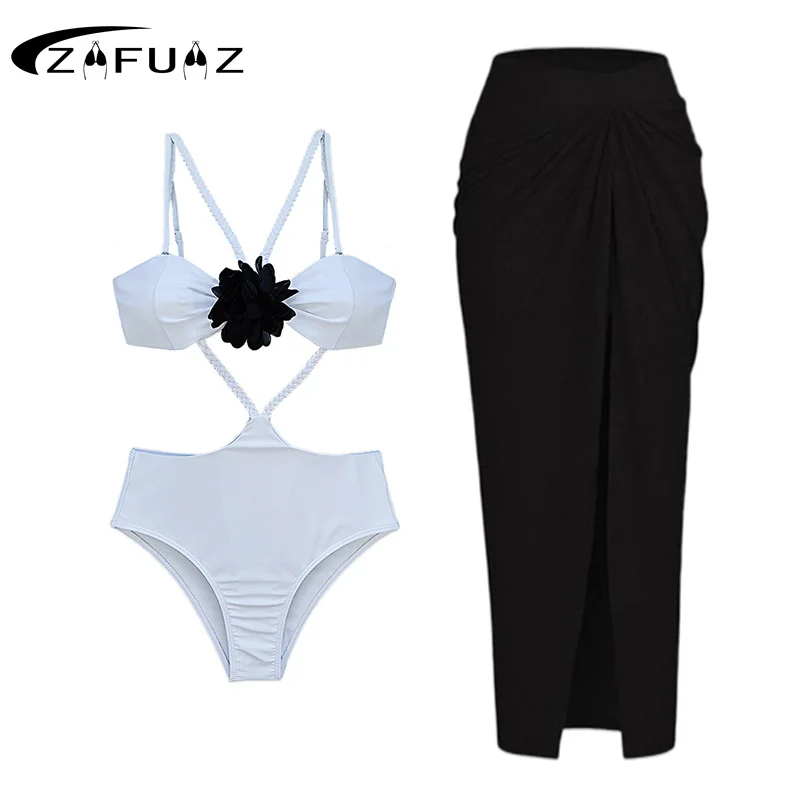 

2023 Sexy Halter High Cut Out 3D Flower One Piece Swimsuit Women Cross Monokini Bathing Suit Female Swimwear Beachwear Skirt