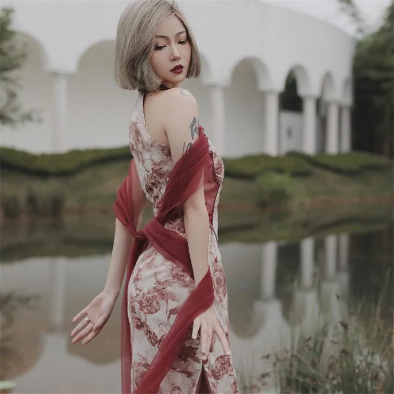 Women Chinese Traditional Cheongsam Qipao Floral Style Vintage Off Shoulder Slit Long Dresses Party Performance Dance Robe