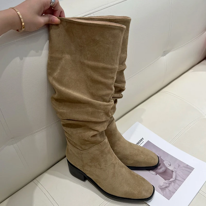 

Pleated Knee High Boots For Women Pump Square Toe 2022 New Rubber Ladies Modern Boots Western Female Shoes Fashion Office Lady