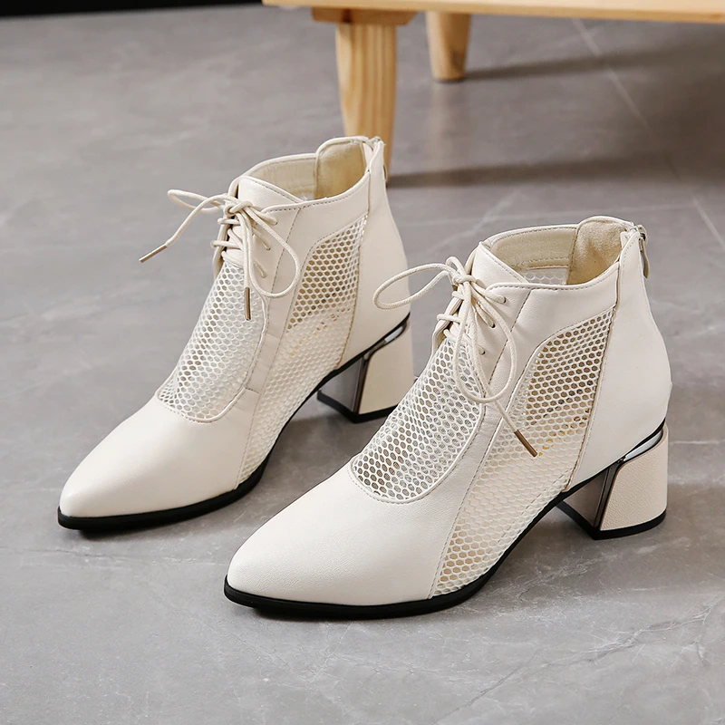 

Однотонные ботинки-мартинсы, летние тонкие женские ботинки с острым носком, сетчатые удобные ботинки на толстом каблуке с молнией сзади, но...