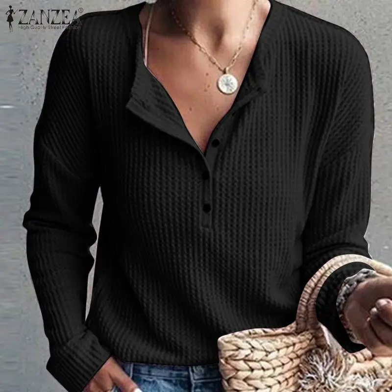 

ZANZEA Casual Long Sleeve O Neck Blouse Vintage Solid Button Down Shirt Women Spring Baggy Office Blusas Femme Tunic Tops
