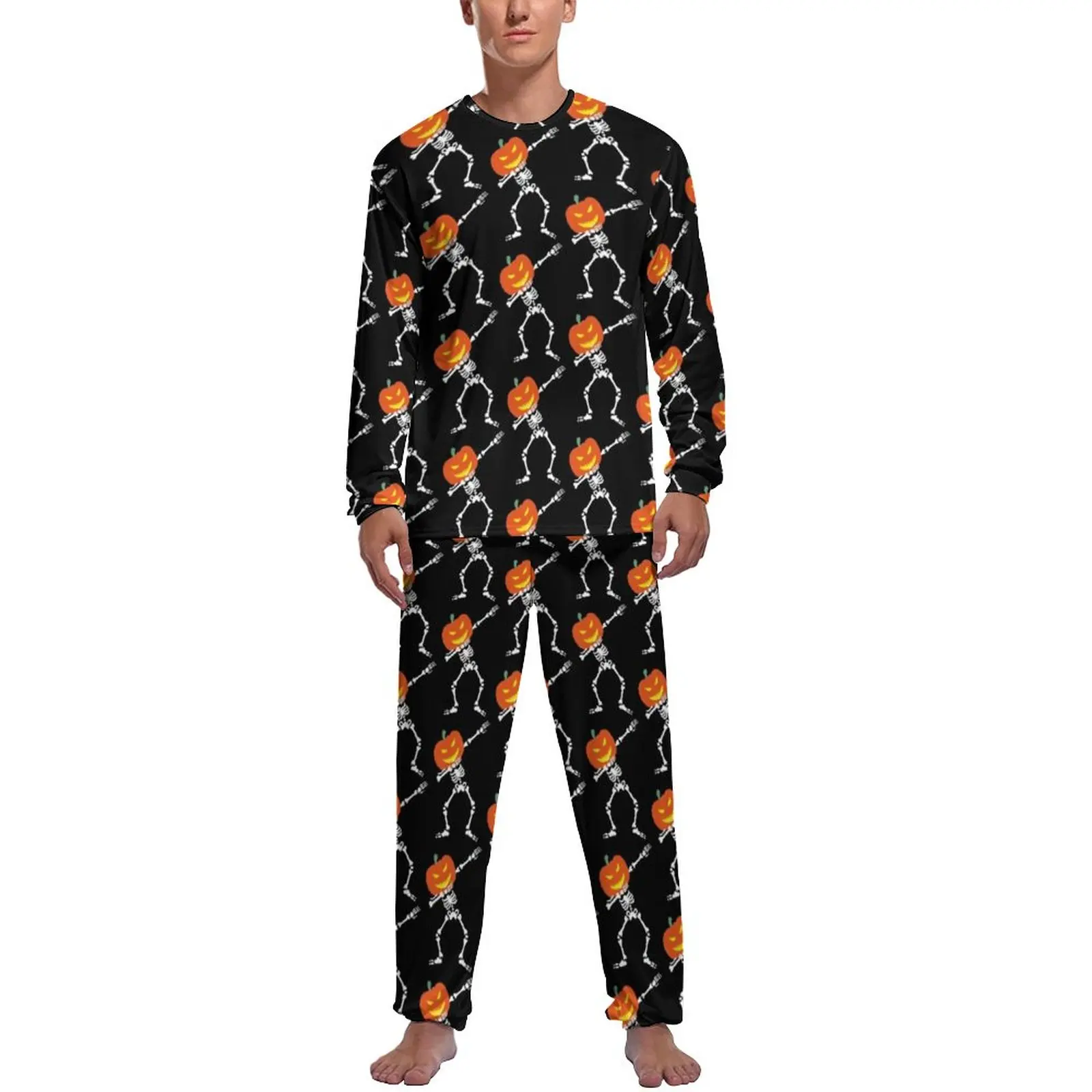 Dabbing Skeleton Pajamas Spring 2 Pieces Funny Halloween Soft Pajama Sets Men Long Sleeve Aesthetic Pattern Nightwear