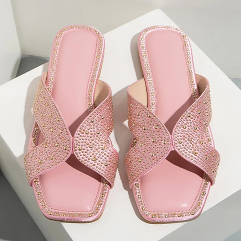Hollow Design Rhinestones Decoration Women's Flat Sandals Square Head  Feet Flip-flops Beach Slippers 2023 Sandals Woman Shoes