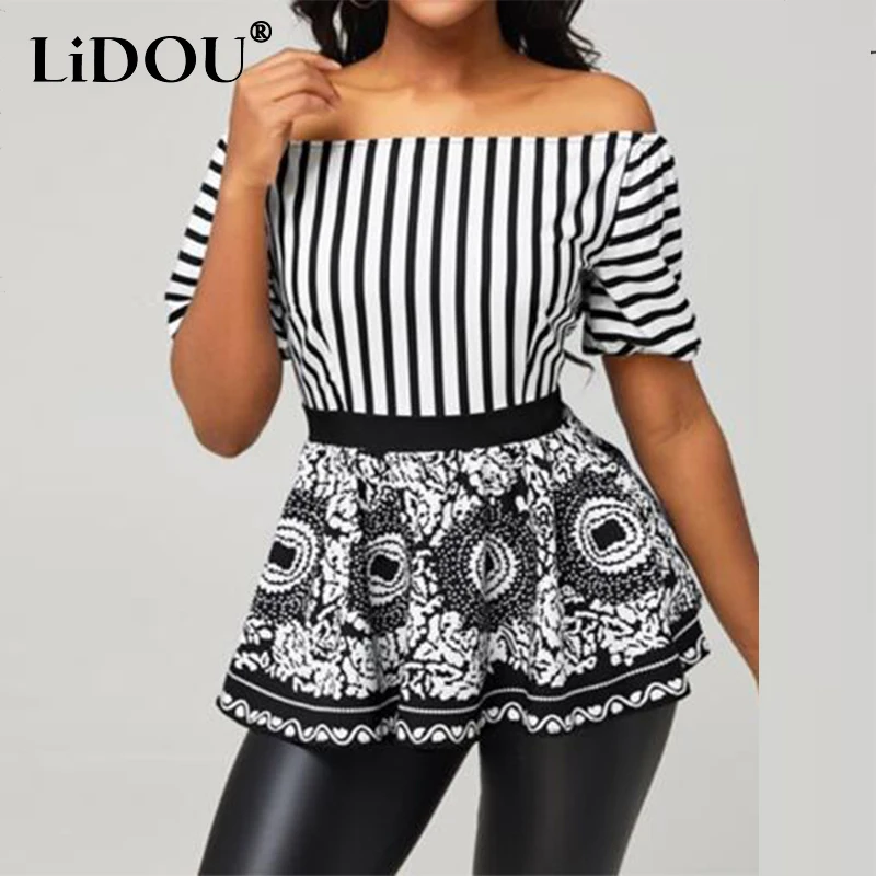 

Summer Fashion Casual Vintage Striped Print Tunic Loose Tees Femme Sexy Off Shoulder T-shirt Comfortable Short Sleeve Tops 5XL