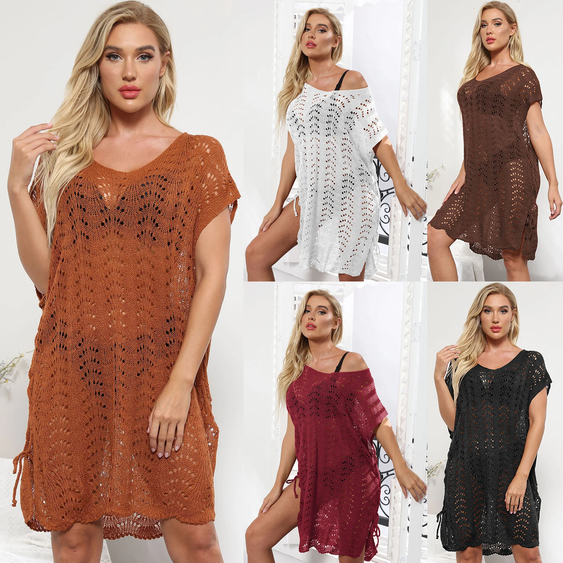 

2023 New Fishnet Beach Cover Ups for Women Hollow Out Split String Cover-ups Polyester V-neck Tunic Outlet Pareo Dresses White